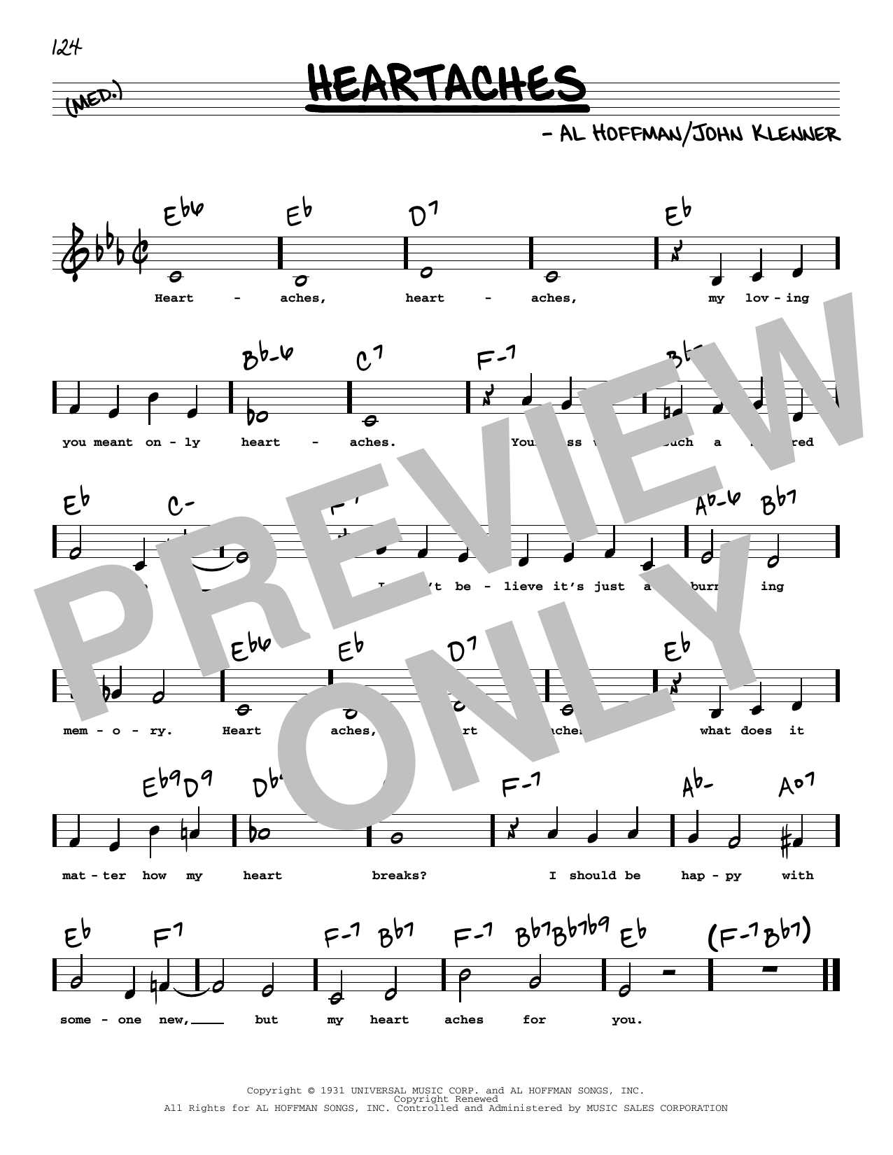 Patsy Cline Heartaches (Low Voice) sheet music notes printable PDF score