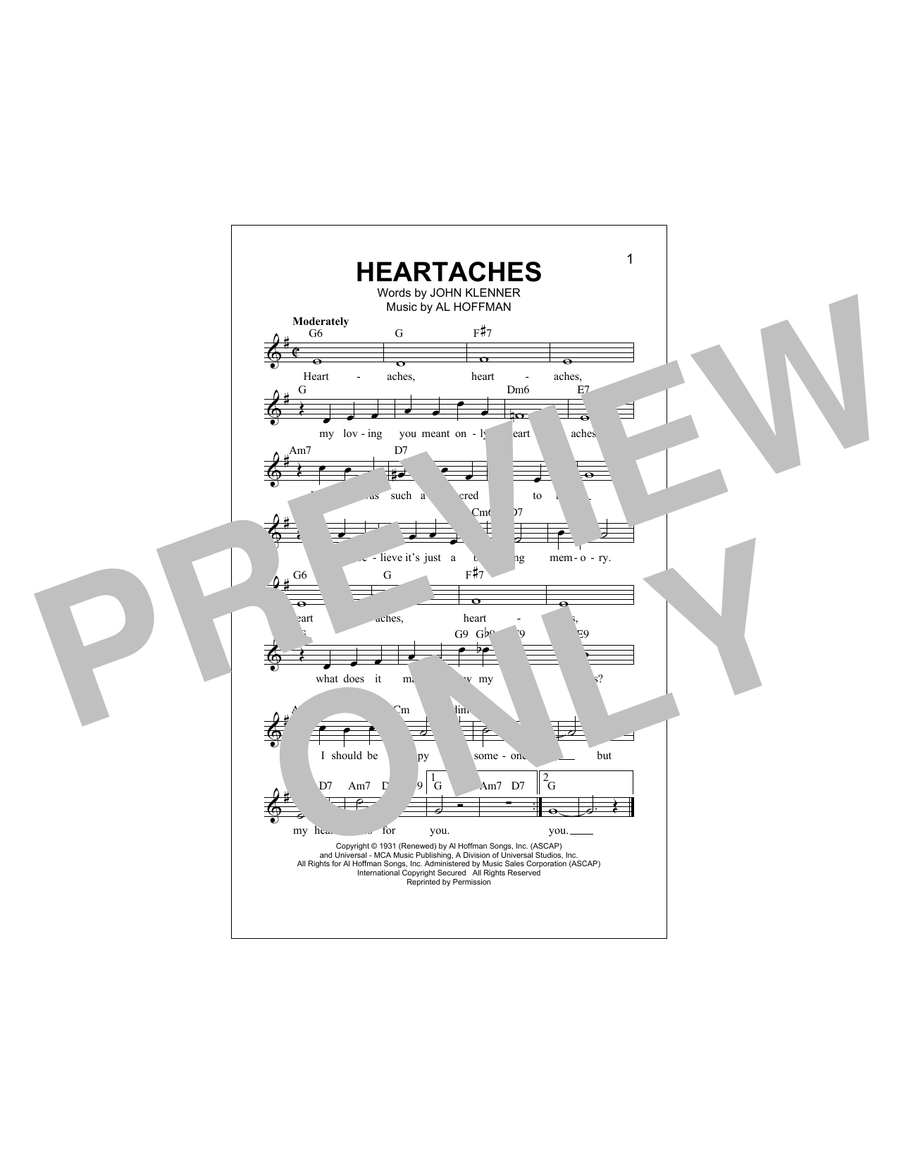 Download Patsy Cline Heartaches Sheet Music