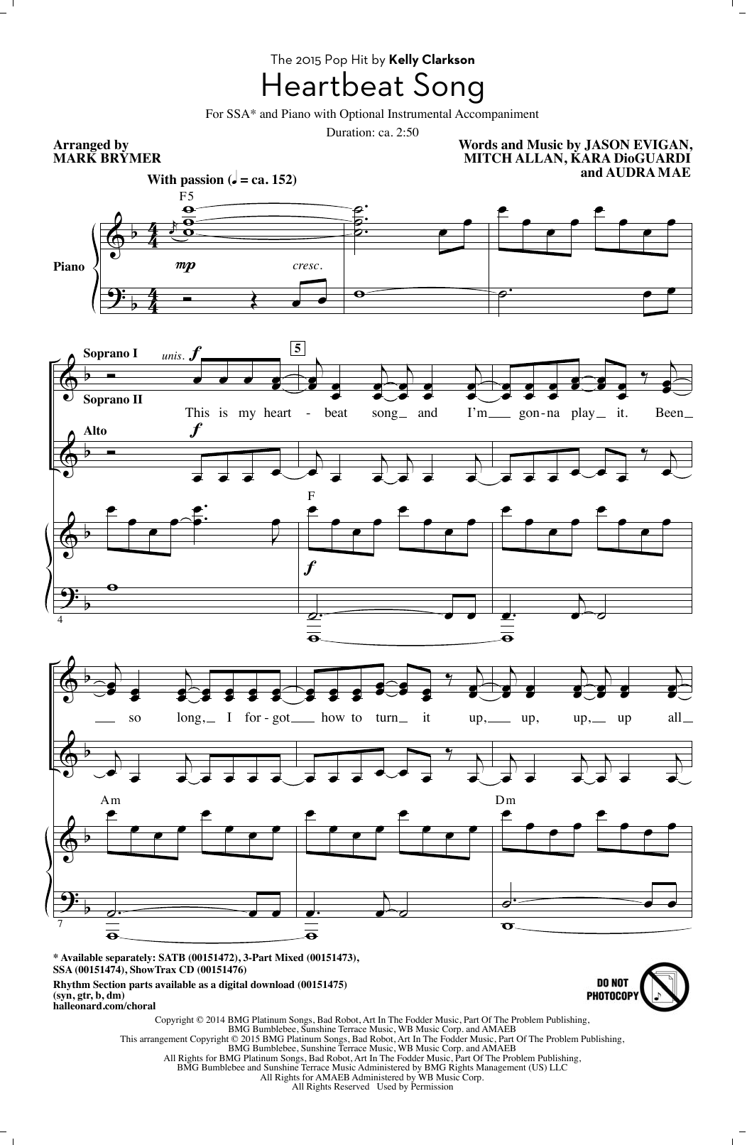 Download Kelly Clarkson Heartbeat Song (arr. Mark Brymer) Sheet Music