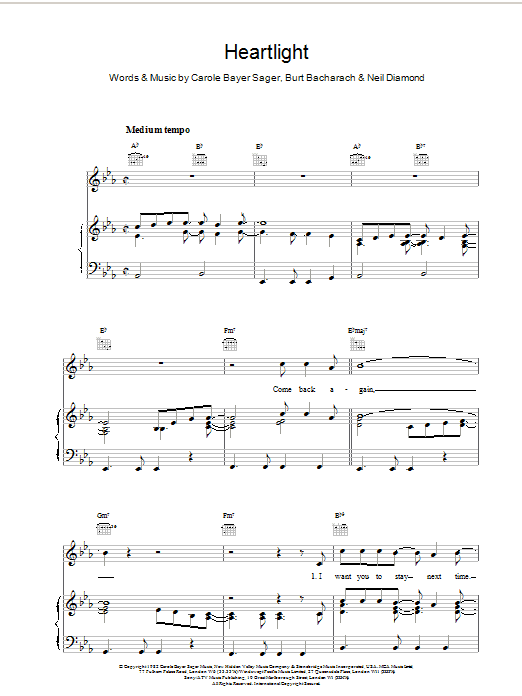 Burt Bacharach Heartlight sheet music notes printable PDF score
