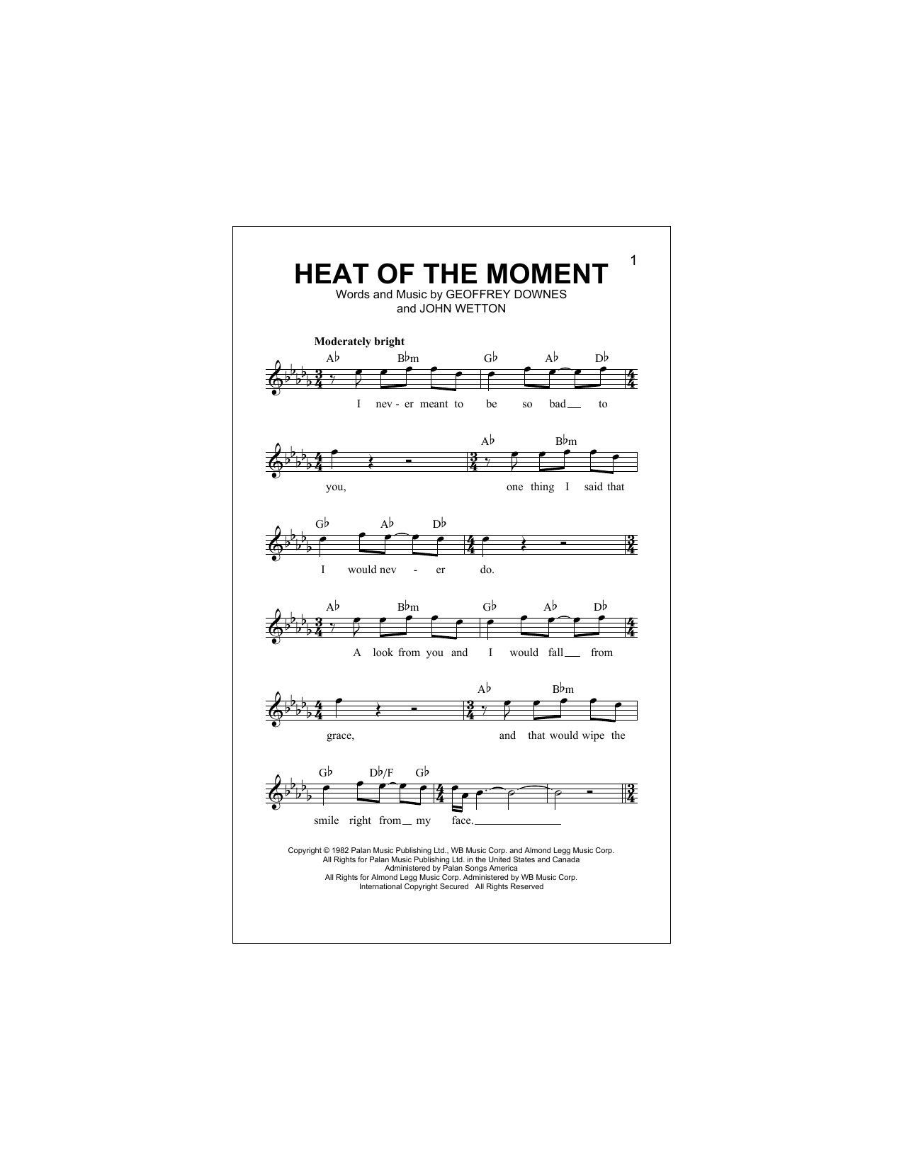 Download Asia Heat Of The Moment Sheet Music