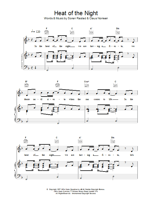 Aqua Heat of the Night sheet music notes printable PDF score