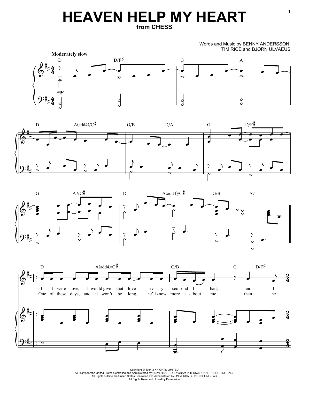 Download ANDERSSON And ULVAEUS Heaven Help My Heart (from Chess) Sheet Music