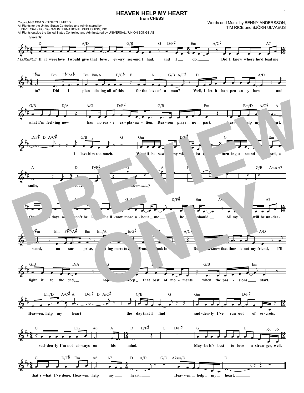 Download ANDERSSON And ULVAEUS Heaven Help My Heart (from Chess) Sheet Music