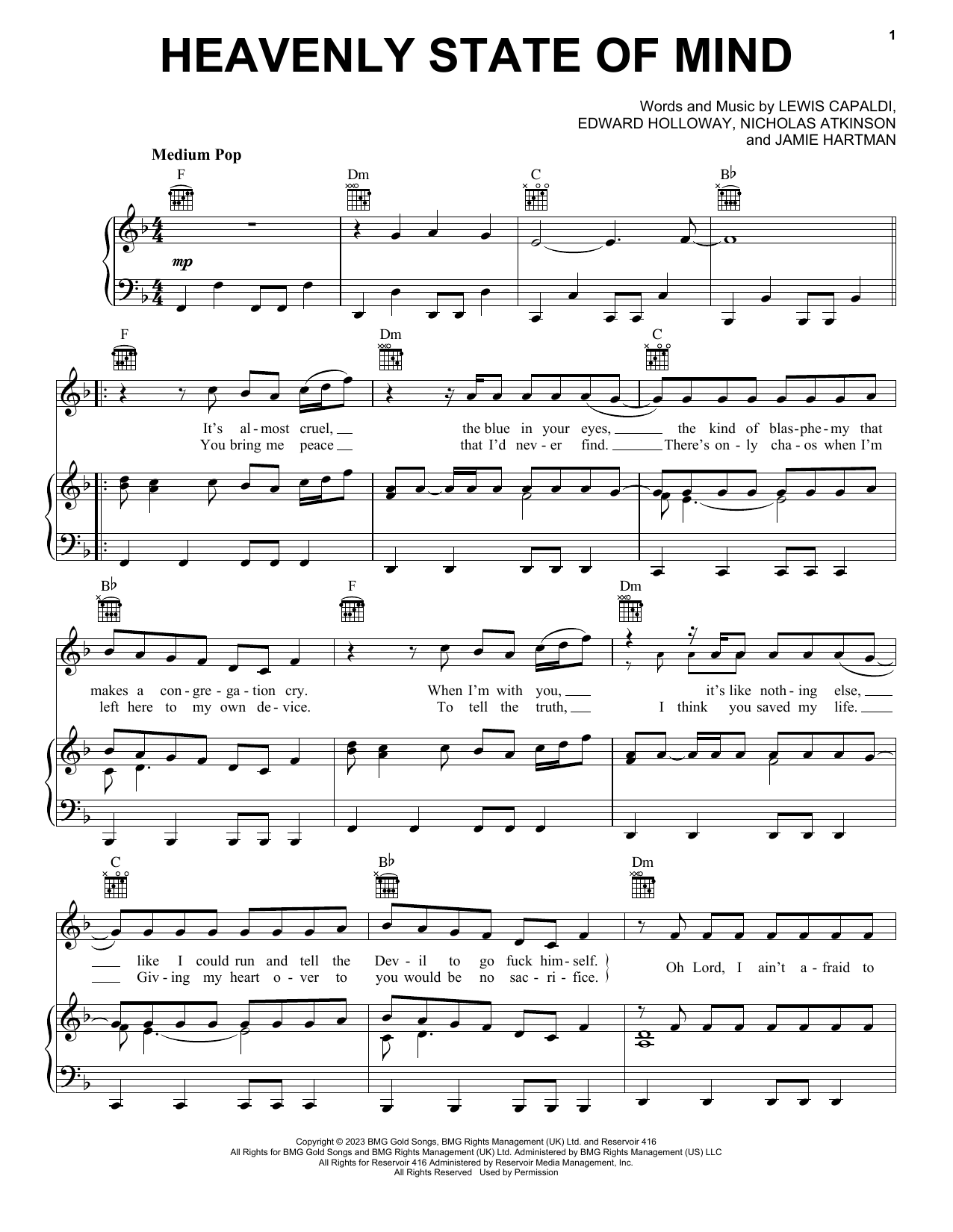 Download Lewis Capaldi Heavenly Kind Of State Of Mind Sheet Music