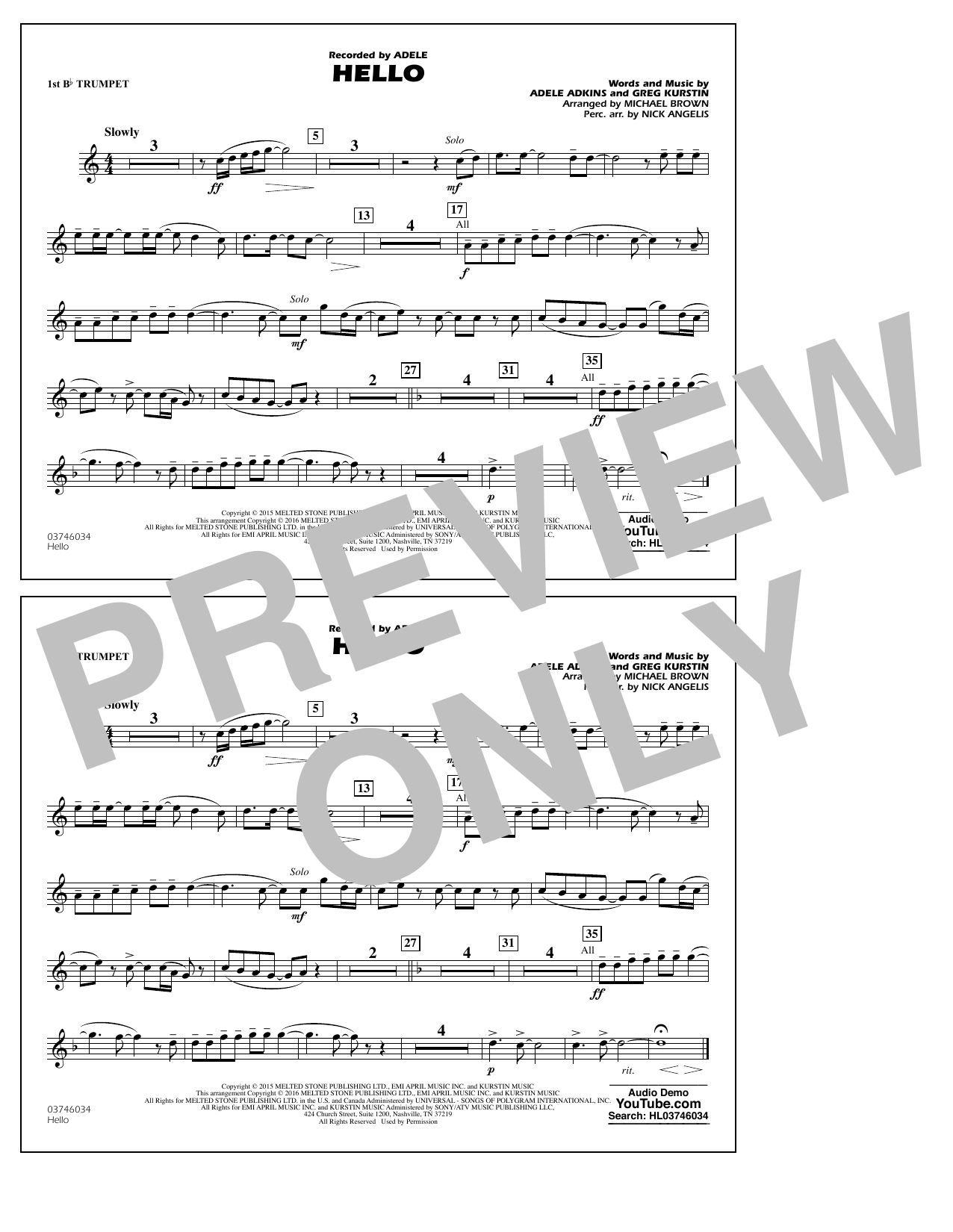 Download Michael Brown Hello - 1st Bb Trumpet Sheet Music