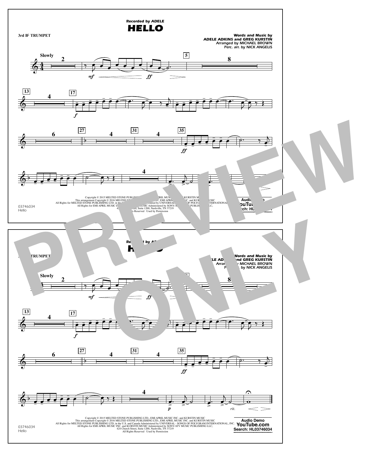 Download Michael Brown Hello - 3rd Bb Trumpet Sheet Music