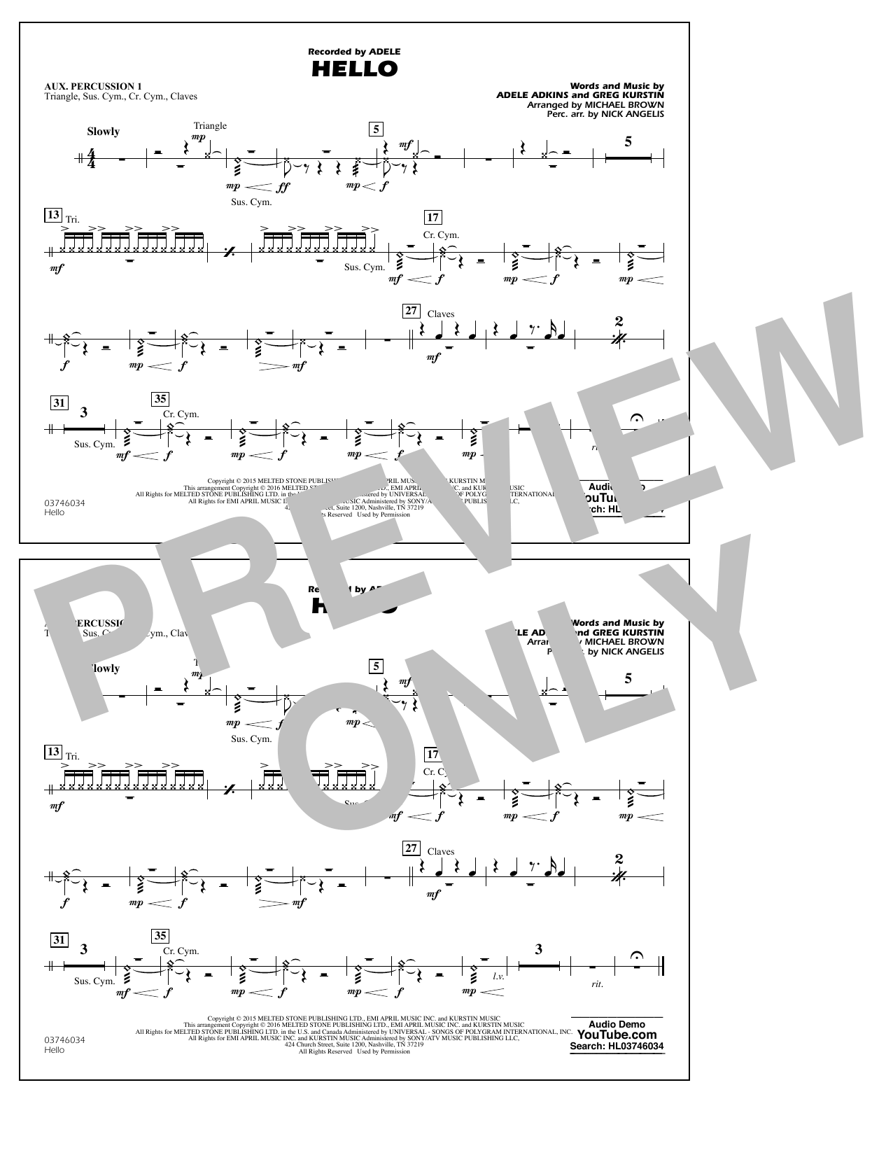 Download Michael Brown Hello - Aux. Percussion 1 Sheet Music