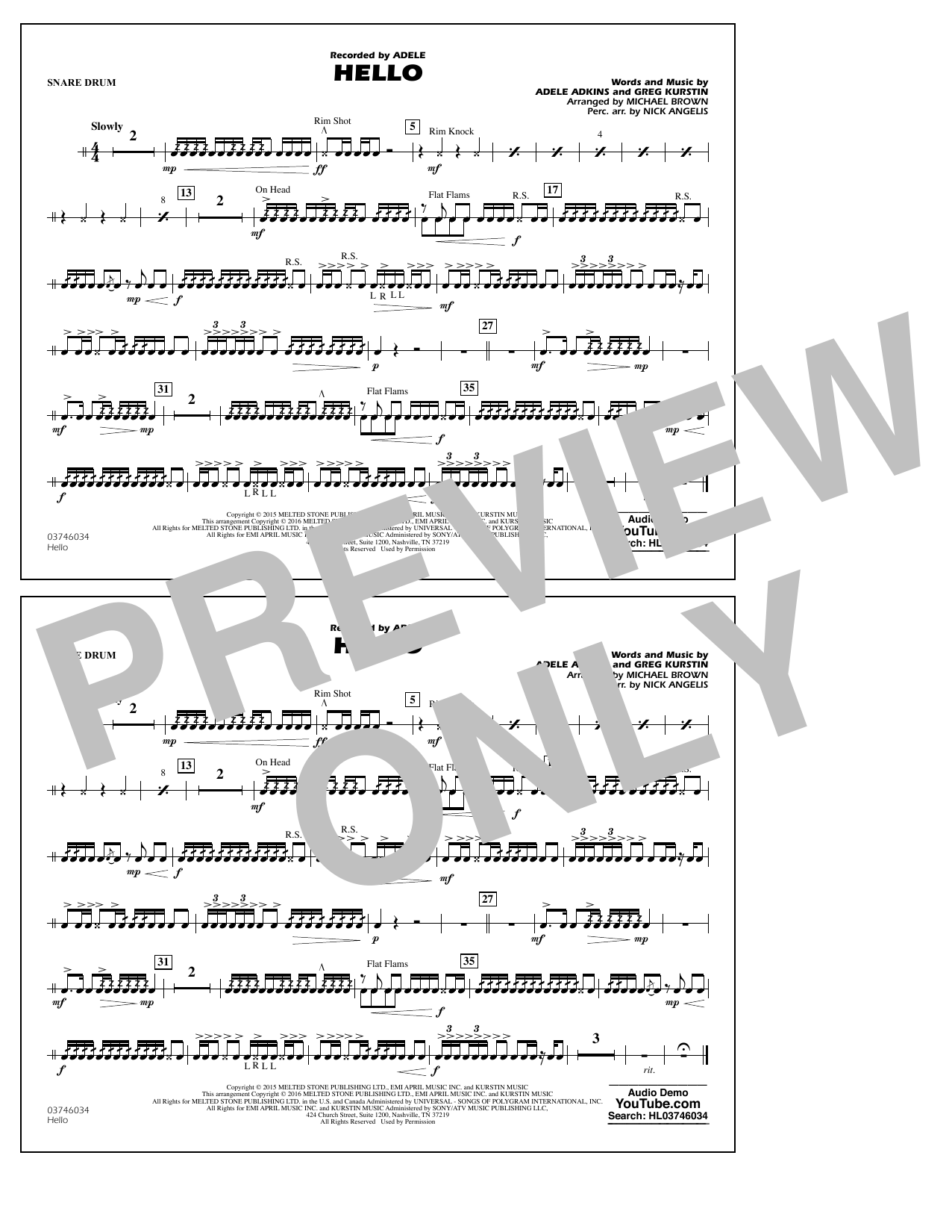 Download Michael Brown Hello - Snare Drum Sheet Music