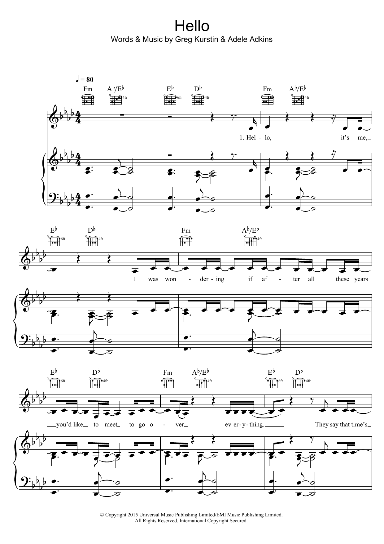 Adele Hello sheet music notes printable PDF score