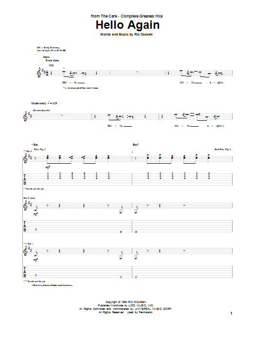 Download The Cars Hello Again Sheet Music
