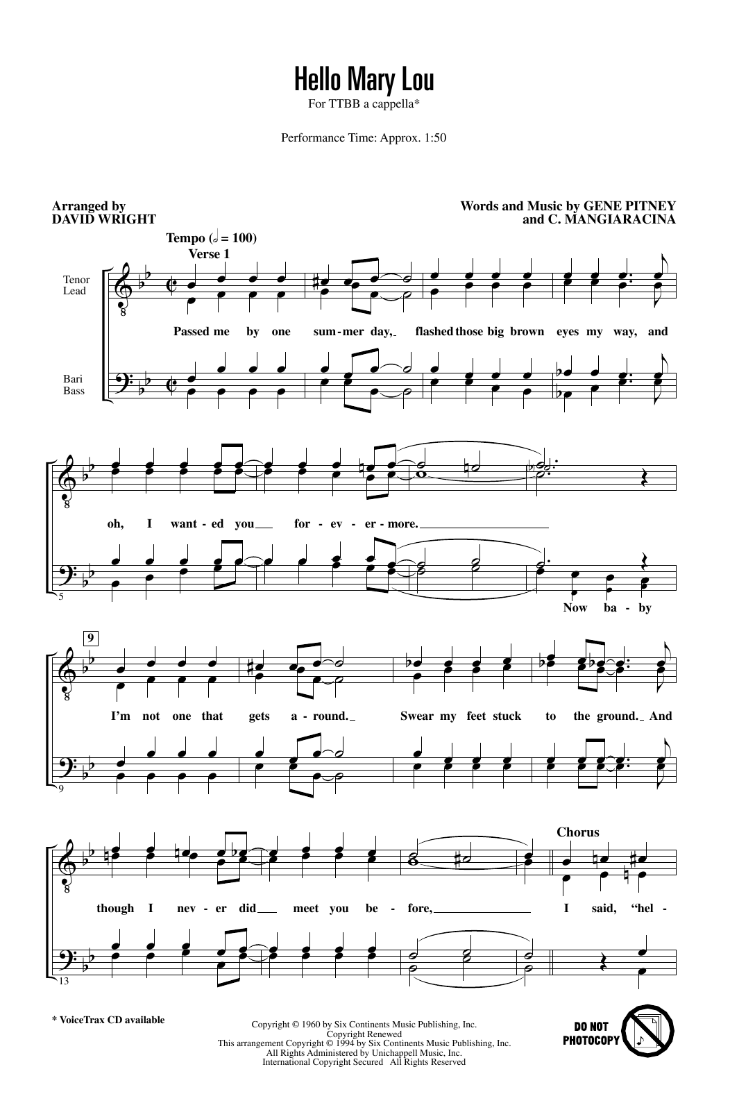 Download Ricky Nelson Hello Mary Lou (arr. David Wright) Sheet Music