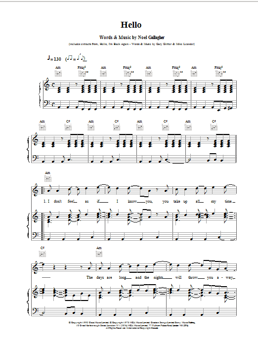 Oasis Hello sheet music notes printable PDF score