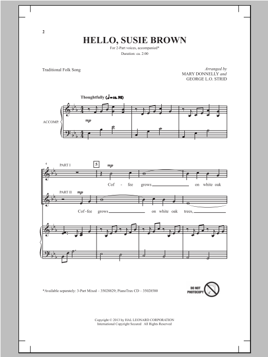 Download Mary Donnelly Hello, Susie Brown Sheet Music