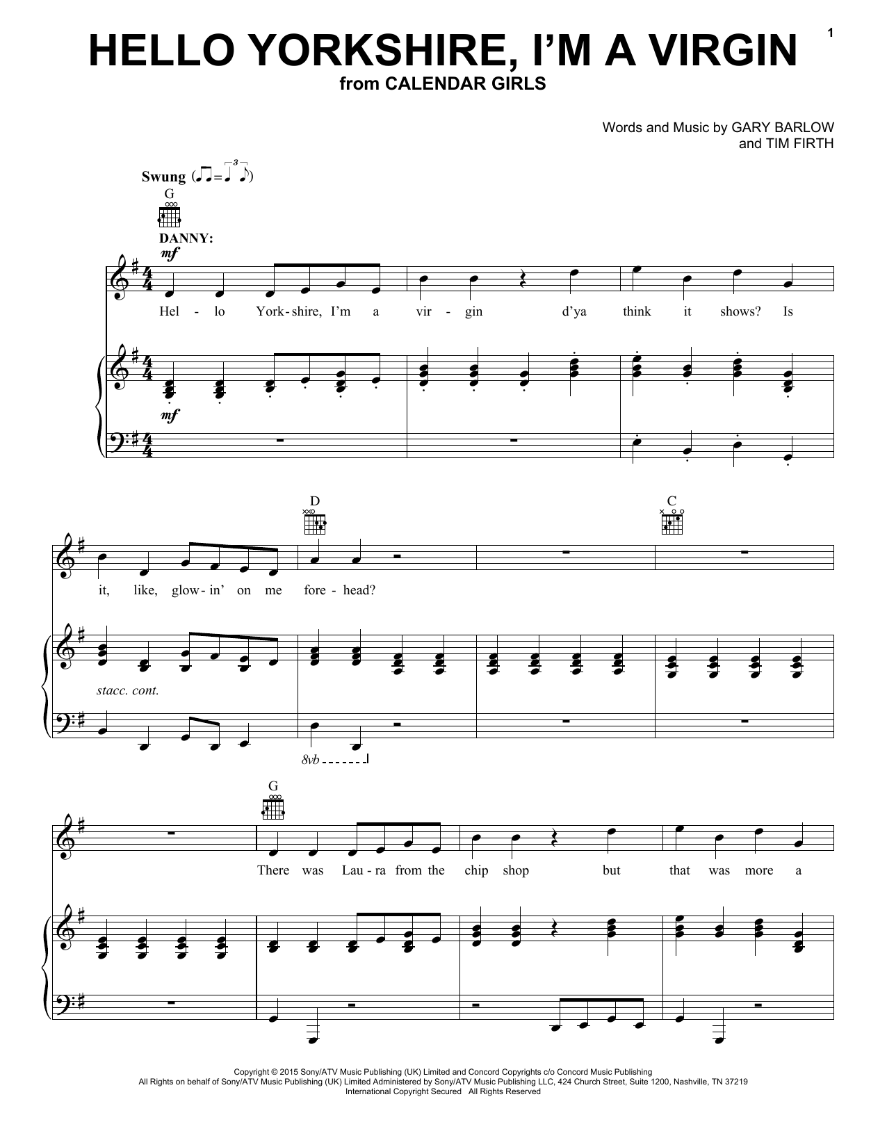 Download Gary Barlow and Tim Firth Hello Yorkshire, I'm A Virgin (from Cal Sheet Music