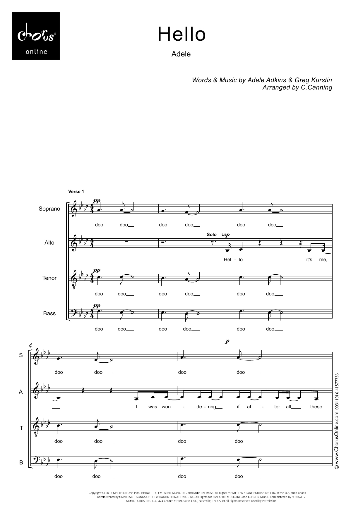 Adele Hello (arr. Carol Canning) sheet music notes printable PDF score