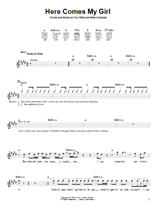 Download Tom Petty And The Heartbreakers Here Comes My Girl Sheet Music