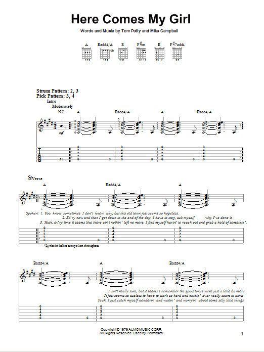 Download Tom Petty And The Heartbreakers Here Comes My Girl Sheet Music