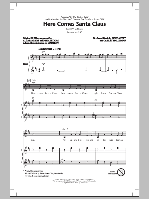Download Glee Cast Here Comes Santa Claus (Right Down Sant Sheet Music