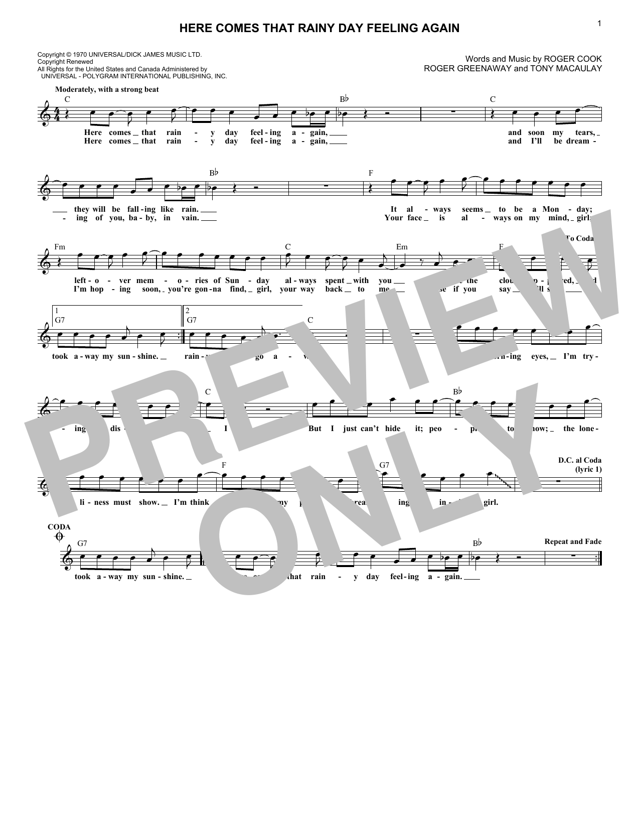 Download Roger Cook Here Comes That Rainy Day Feeling Again Sheet Music