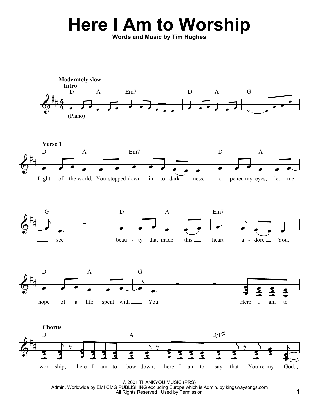 Download Tim Hughes Here I Am To Worship (Light Of The Worl Sheet Music