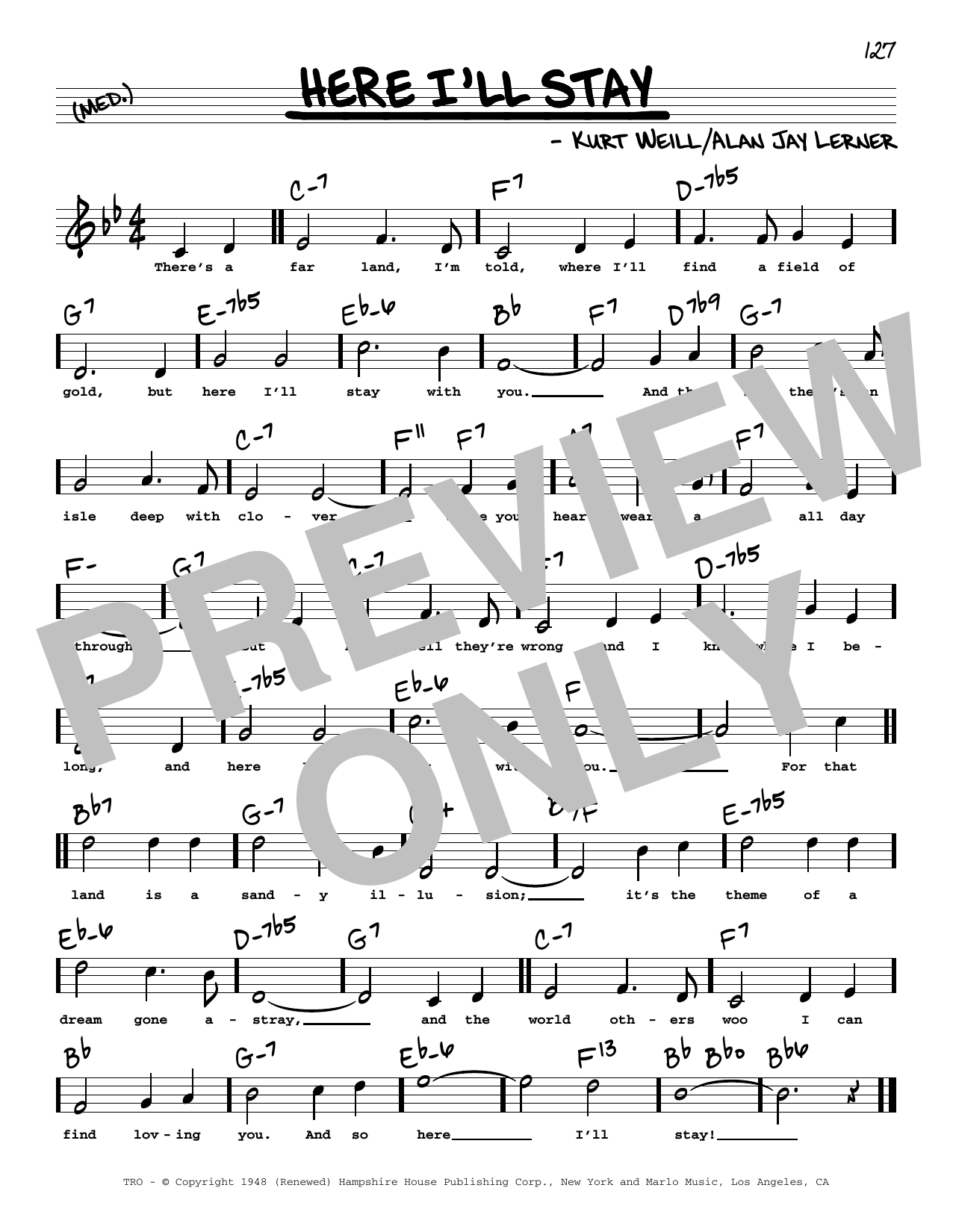 Download Alan Jay Lerner & Kurt Weill Here I'll Stay (High Voice) (from Love Sheet Music