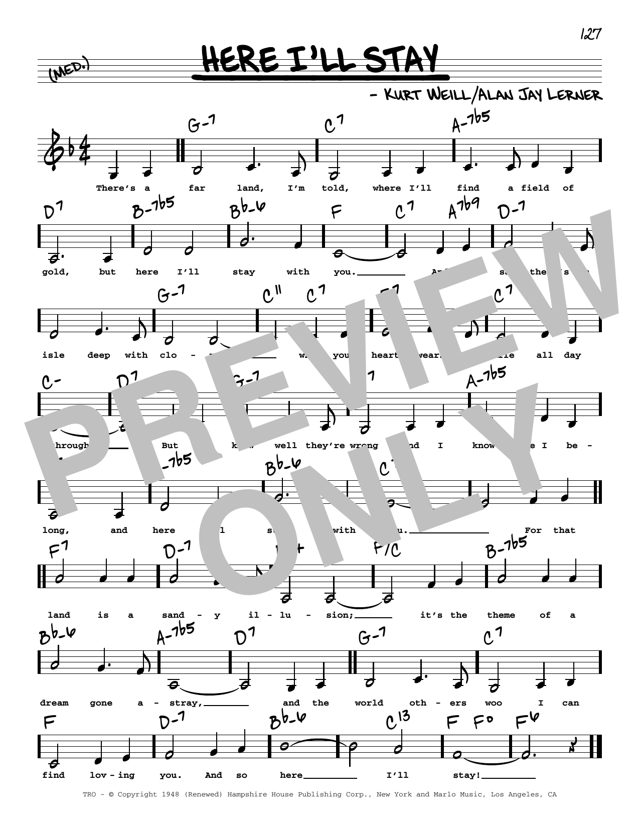 Alan Jay Lerner Here I'll Stay (Low Voice) sheet music notes printable PDF score