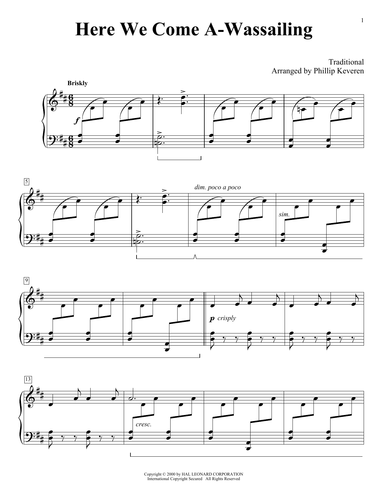 Traditional Here We Come A-Wassailing (arr. Phillip Keveren) sheet music notes printable PDF score