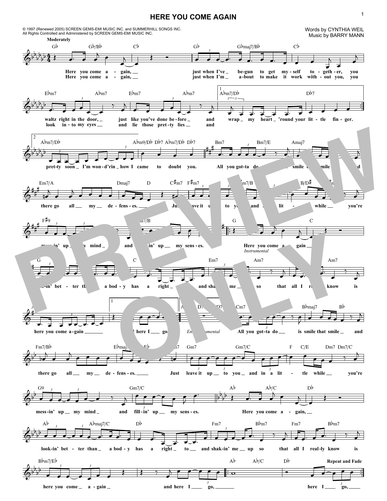 Download Dolly Parton Here You Come Again Sheet Music