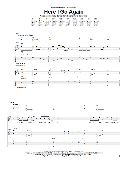 Whitesnake Here I Go Again sheet music notes printable PDF score