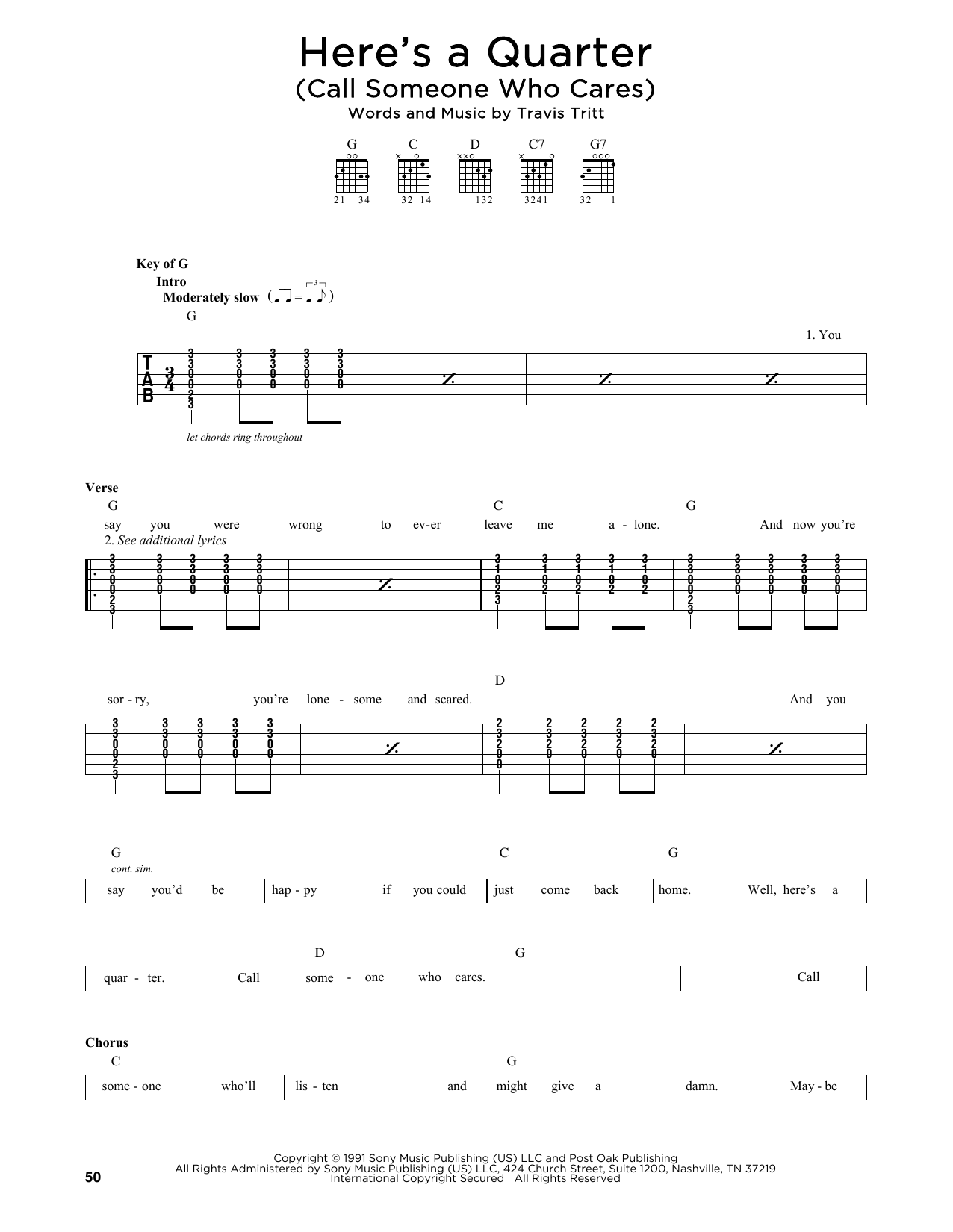 Travis Tritt Here's A Quarter (Call Someone Who Cares) sheet music notes printable PDF score