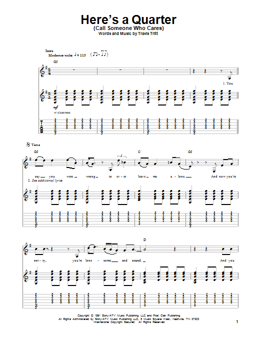 Download Travis Tritt Here's A Quarter (Call Someone Who Care Sheet Music