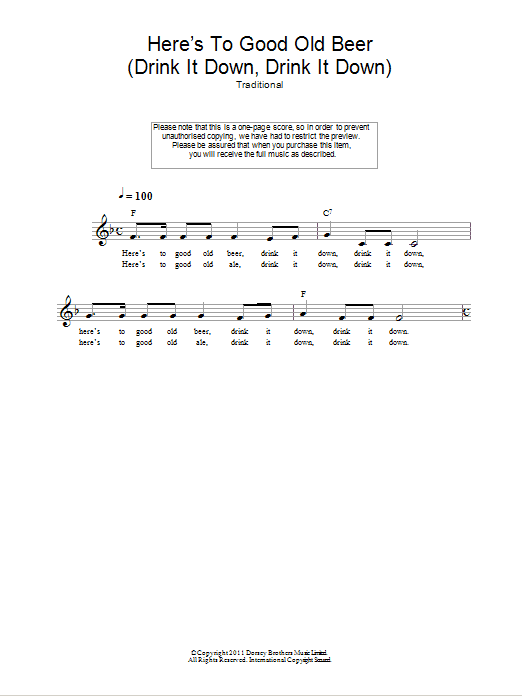 Download Traditional Here's To Good Old Beer (Drink It Down, Sheet Music