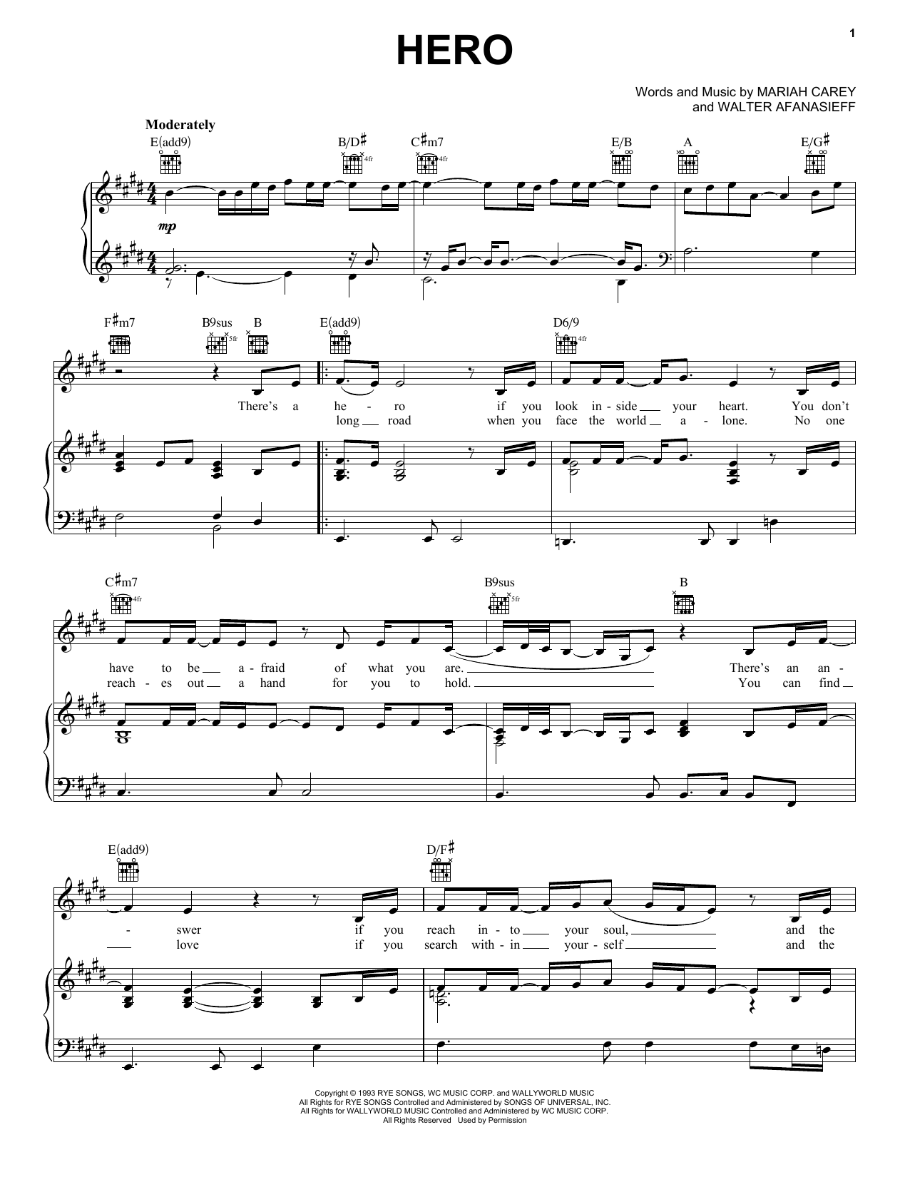 Mariah Carey Hero sheet music notes printable PDF score