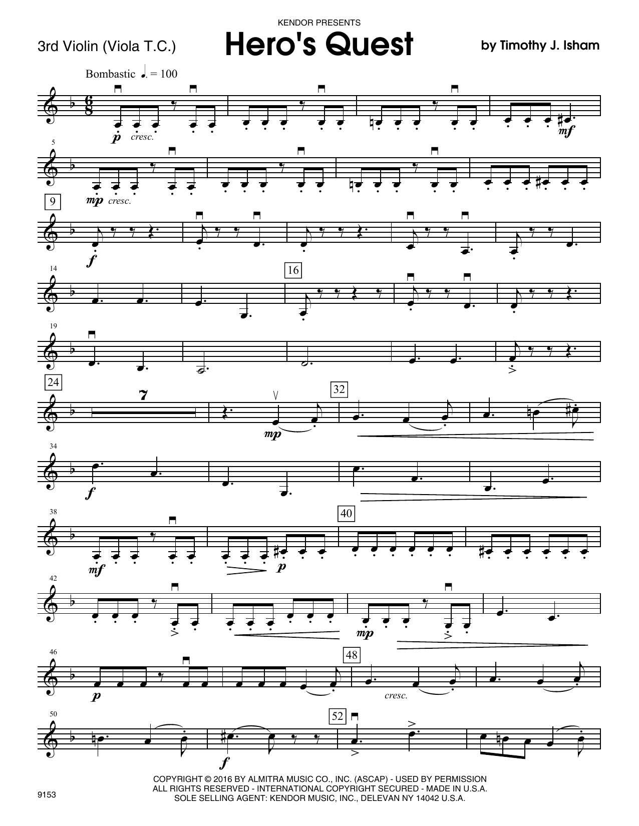 Download Timothy Isham Hero's Quest - Violin 3 (Viola T.C.) Sheet Music