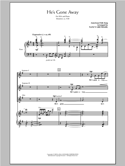 Download Traditional Folksong He's Gone Away (arr. Nancy Grundahl) Sheet Music
