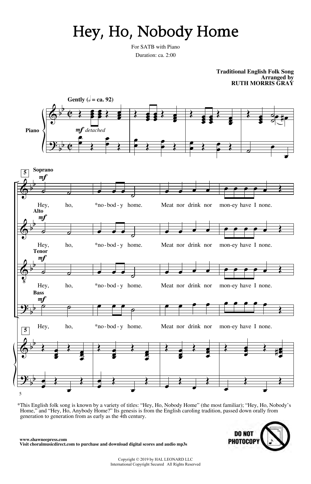 Download Traditional English Folk Song Hey Ho, Nobody Home (arr. Ruth Morris G Sheet Music