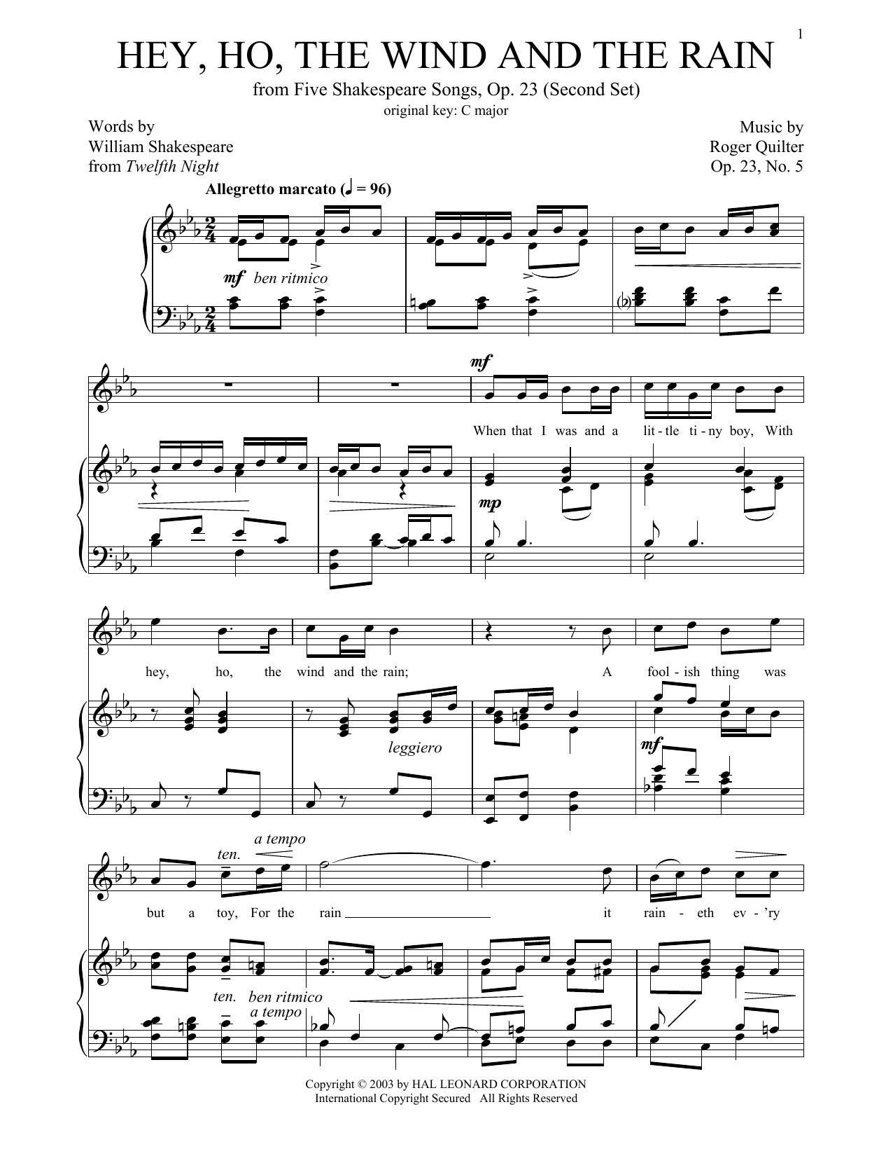 Download Roger Quilter Hey, Ho, The Wind And The Rain (High Vo Sheet Music