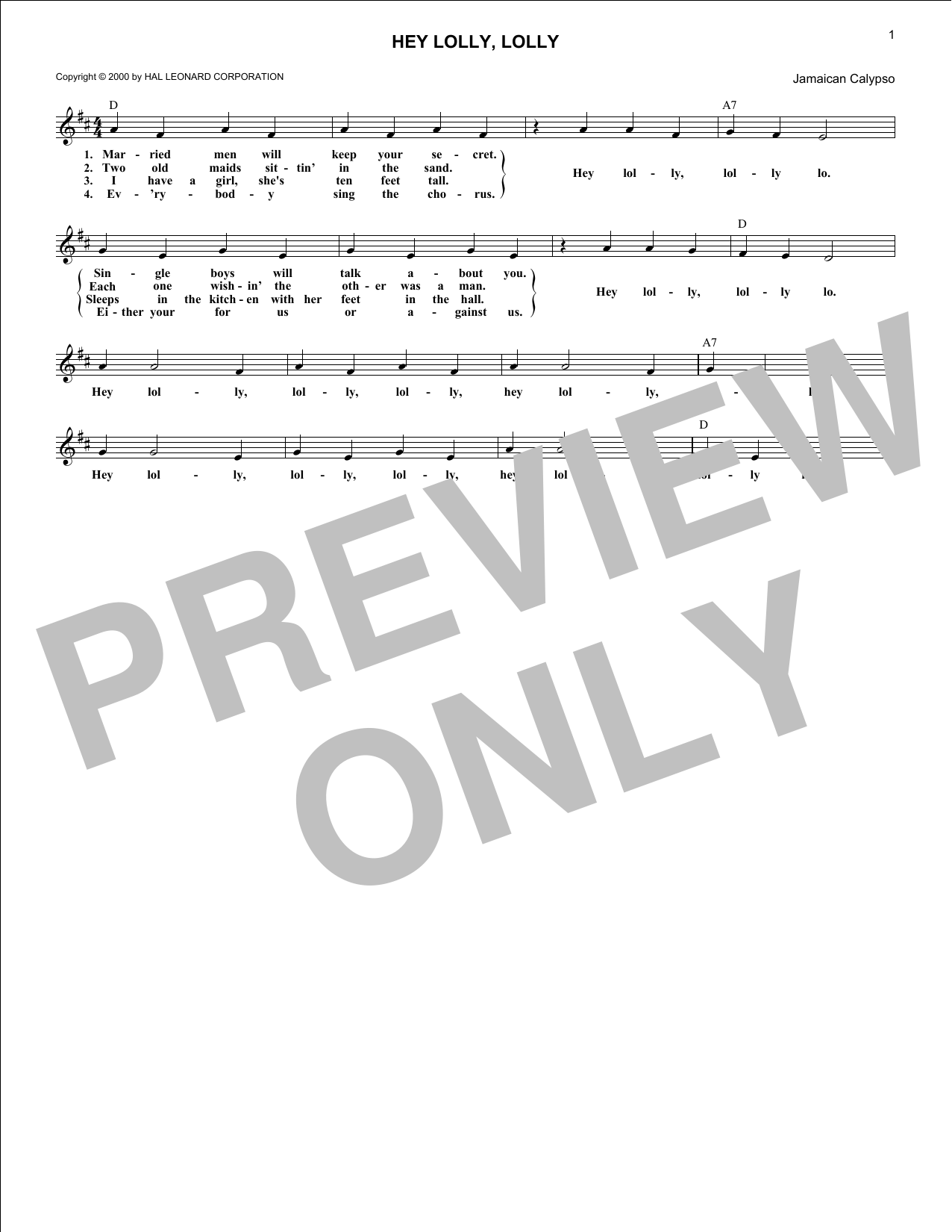 Download Traditional Calypso Song Hey Lolly, Lolly Sheet Music