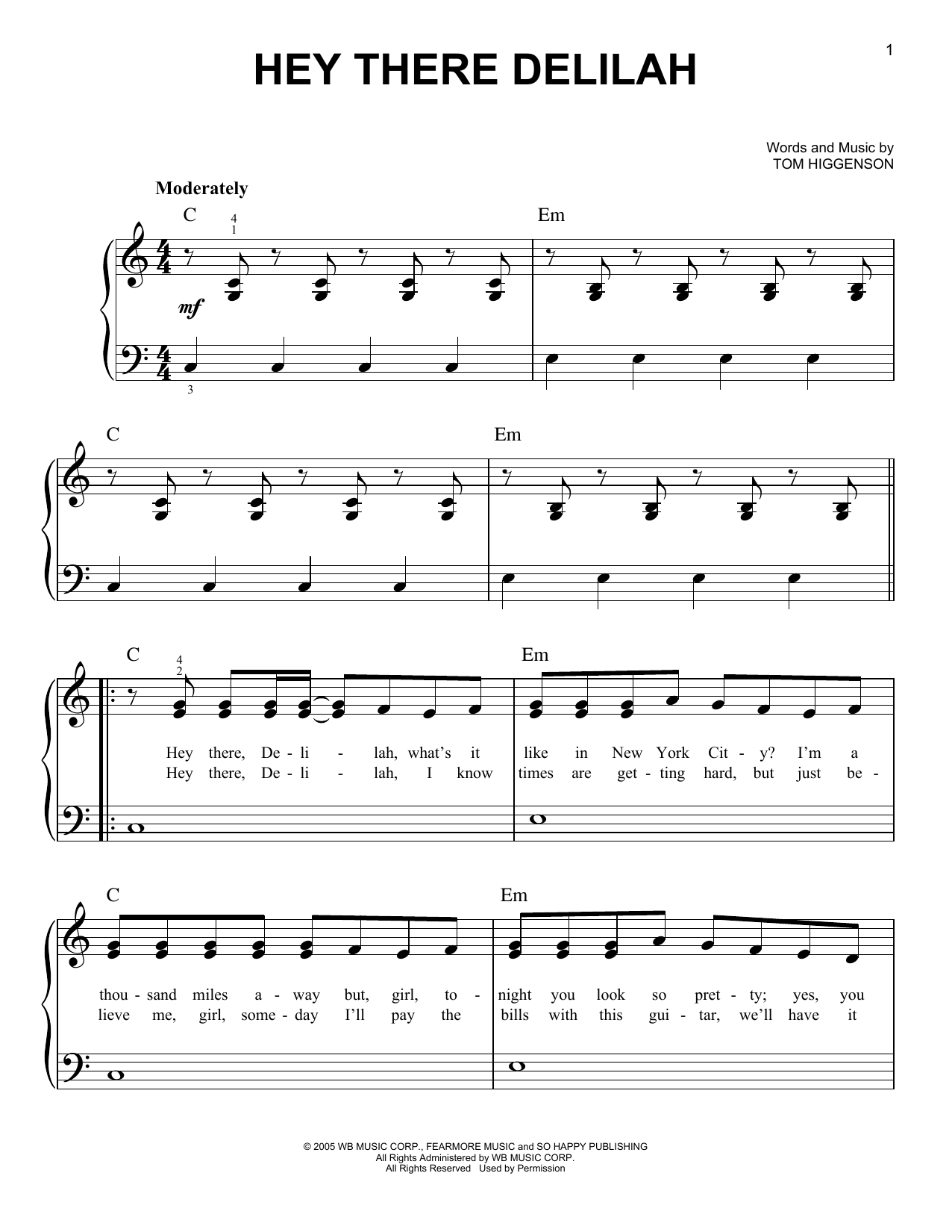 Download Plain White Ts Hey There Delilah Sheet Music