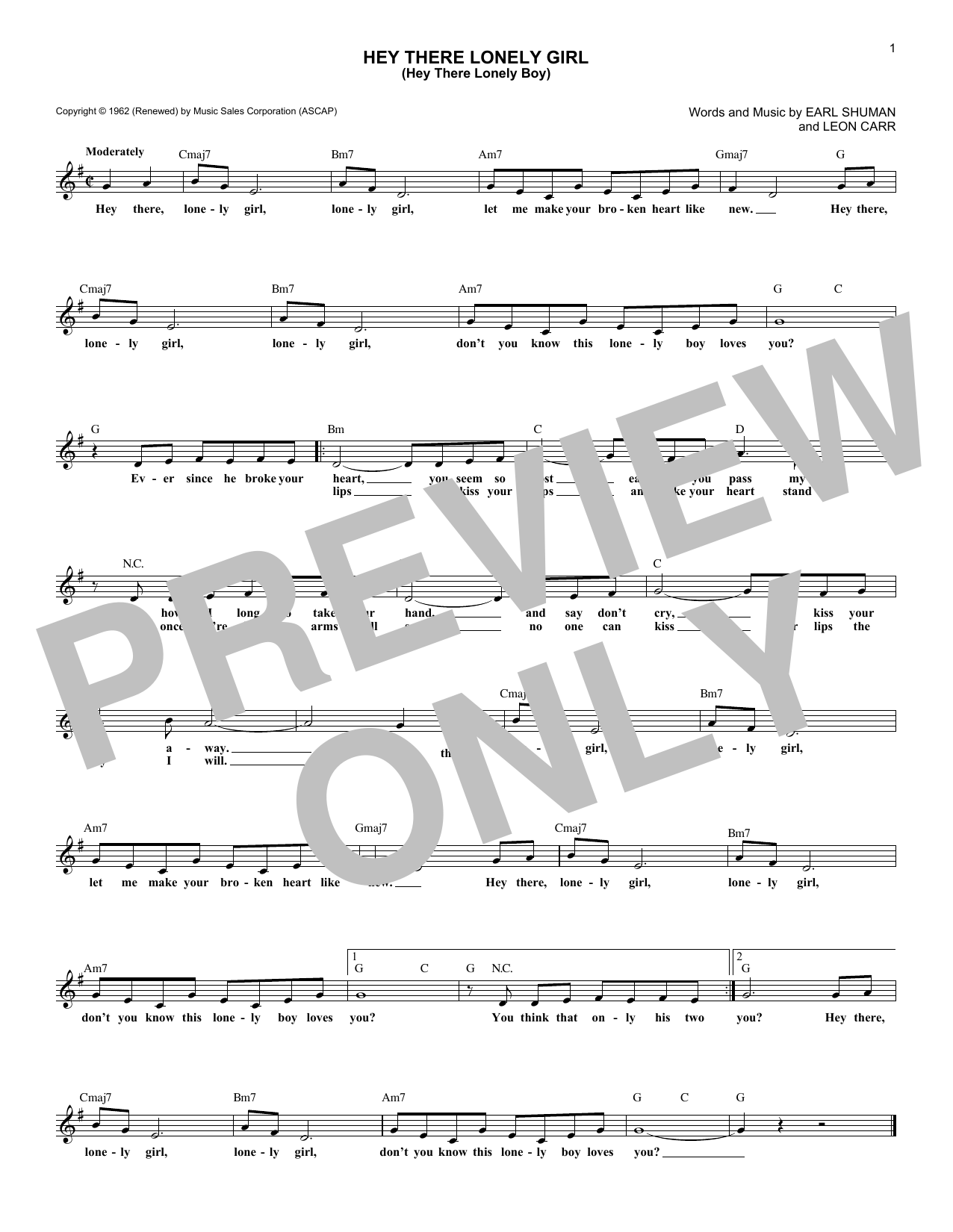 Download Ruby & The Romantics Hey There Lonely Girl (Hey There Lonely Sheet Music