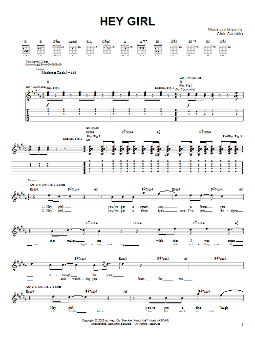 Dashboard Confessional Hey Girl sheet music notes printable PDF score