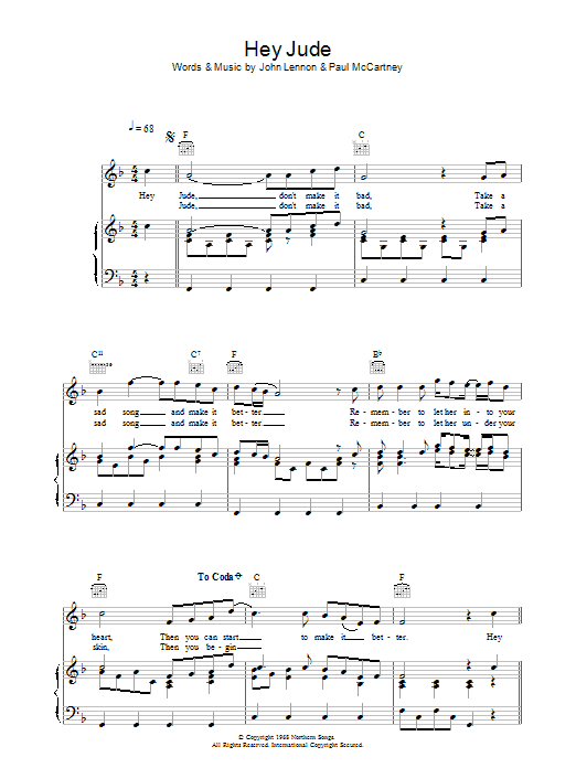 The Beatles Hey Jude sheet music notes printable PDF score
