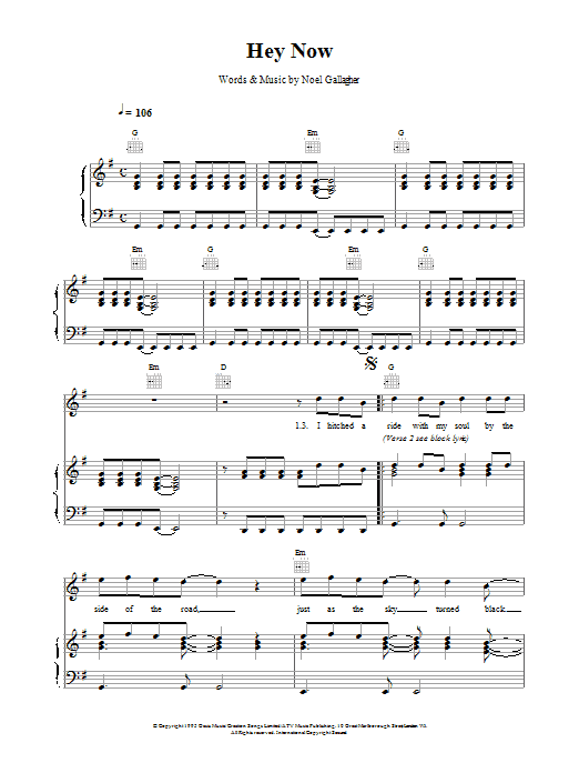 Oasis Hey Now sheet music notes printable PDF score