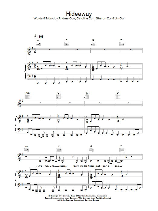 Download The Corrs Hideaway Sheet Music