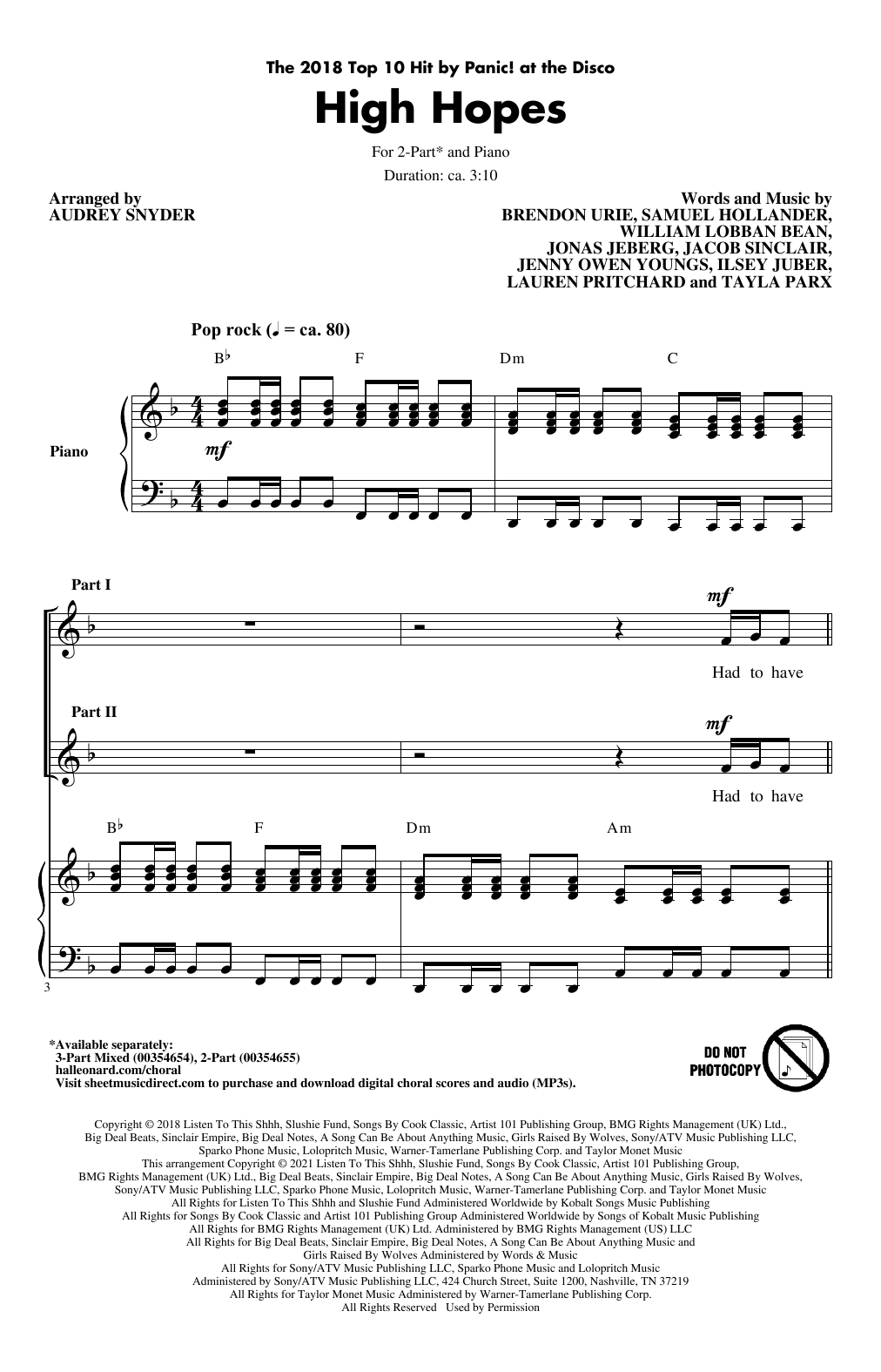 Download Panic! At The Disco High Hopes (arr. Audrey Snyder) Sheet Music