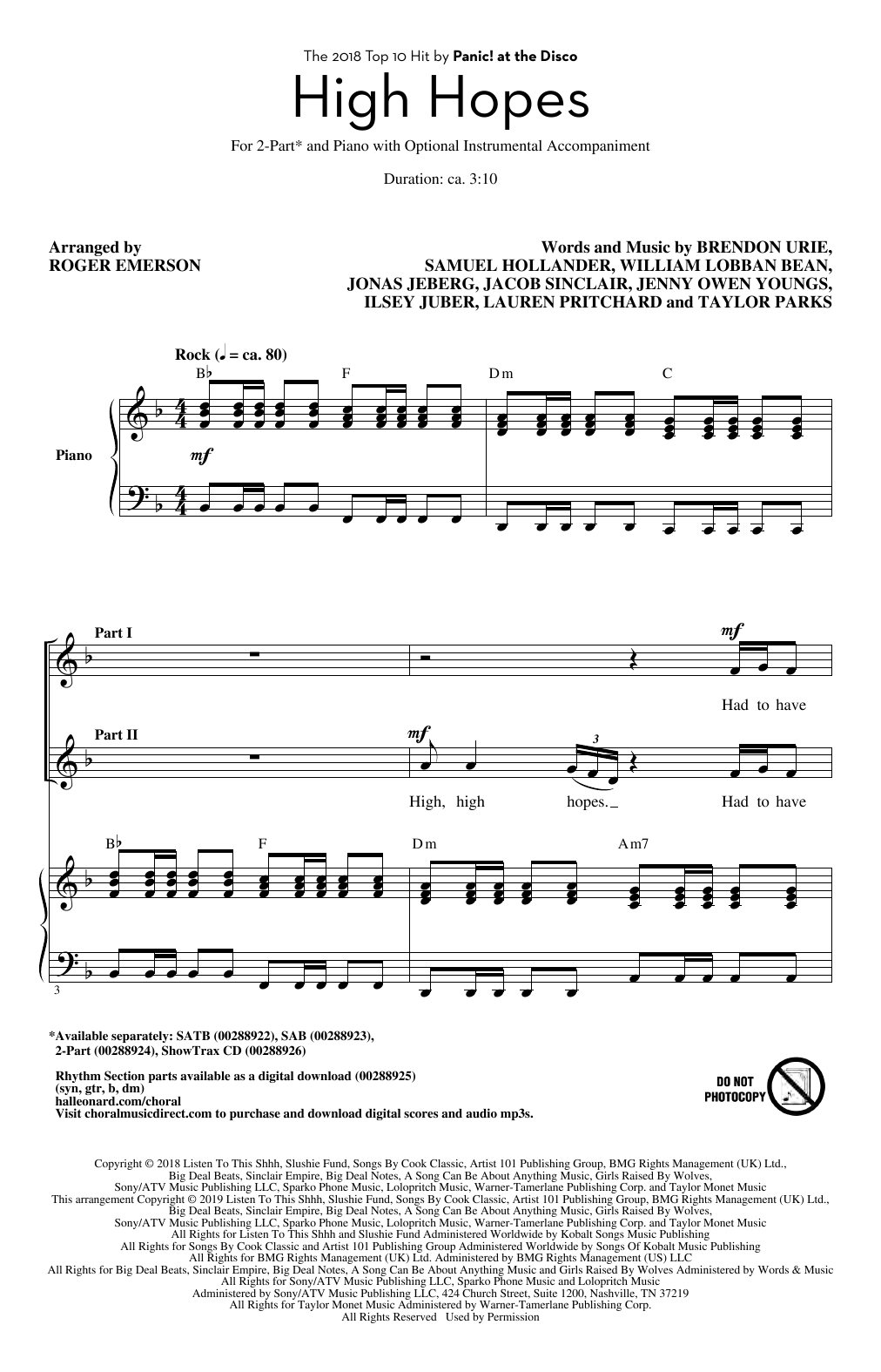 Download Panic! At The Disco High Hopes (arr. Roger Emerson) Sheet Music