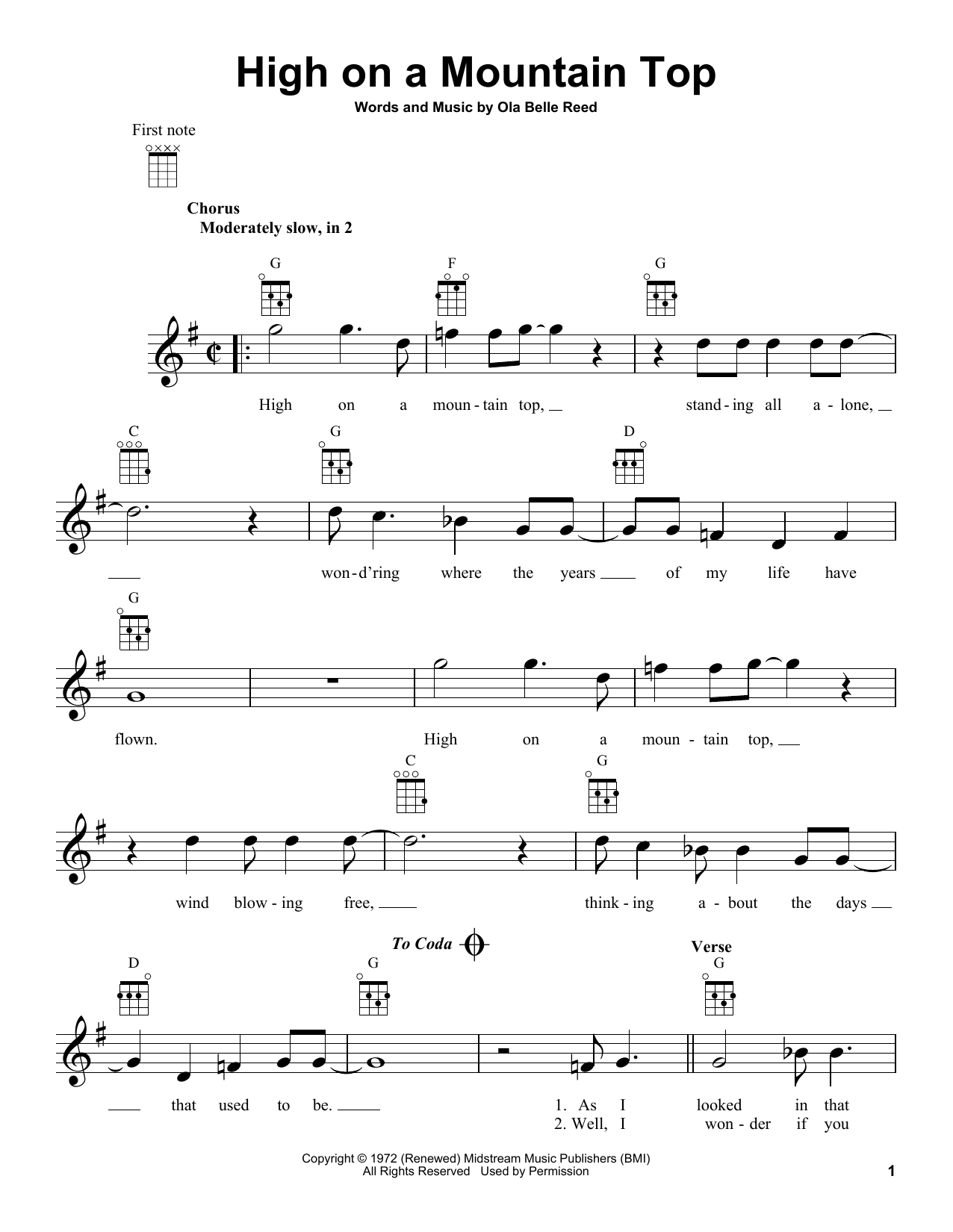 Download Ola Belle Reed High On A Mountain Top Sheet Music