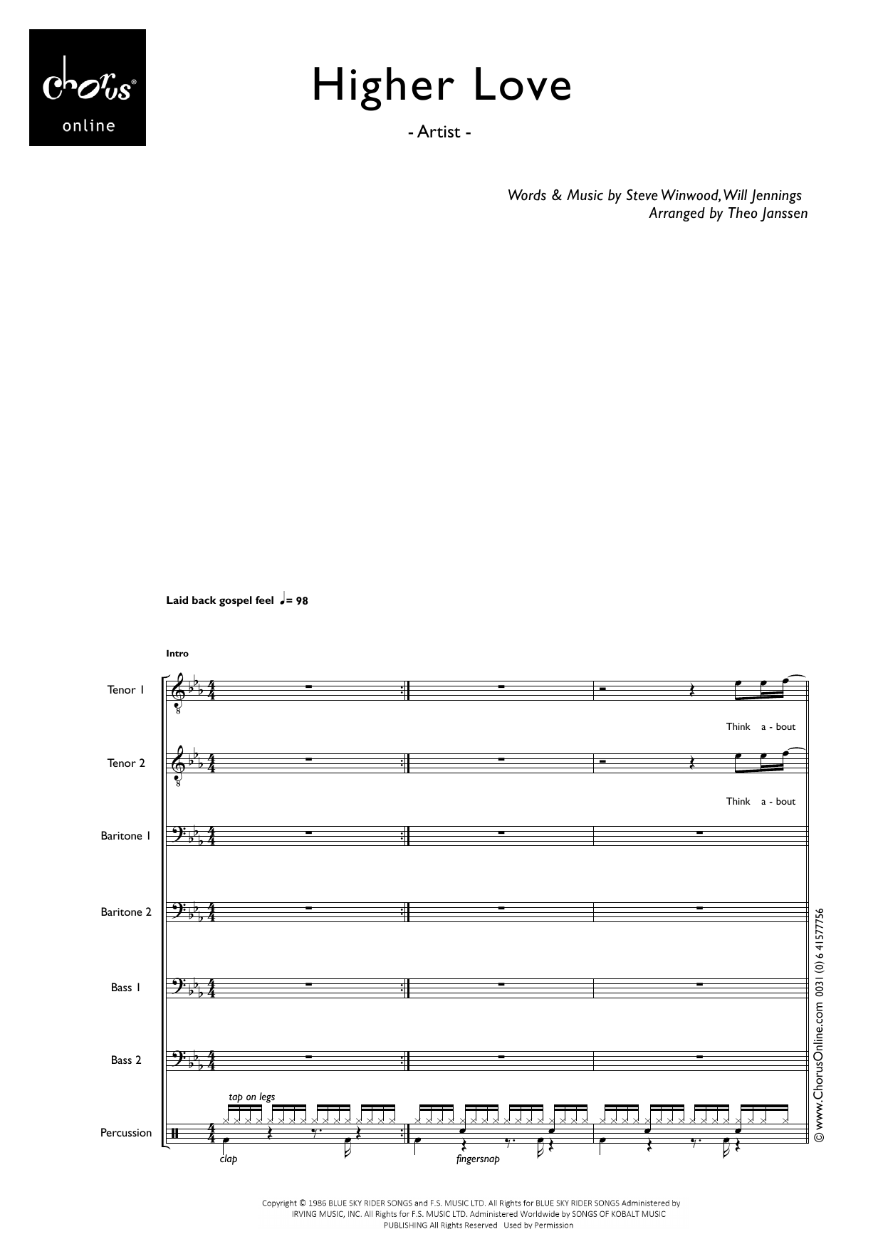 Steve Winwood Higher Love (arr. Theo Janssen) sheet music notes printable PDF score