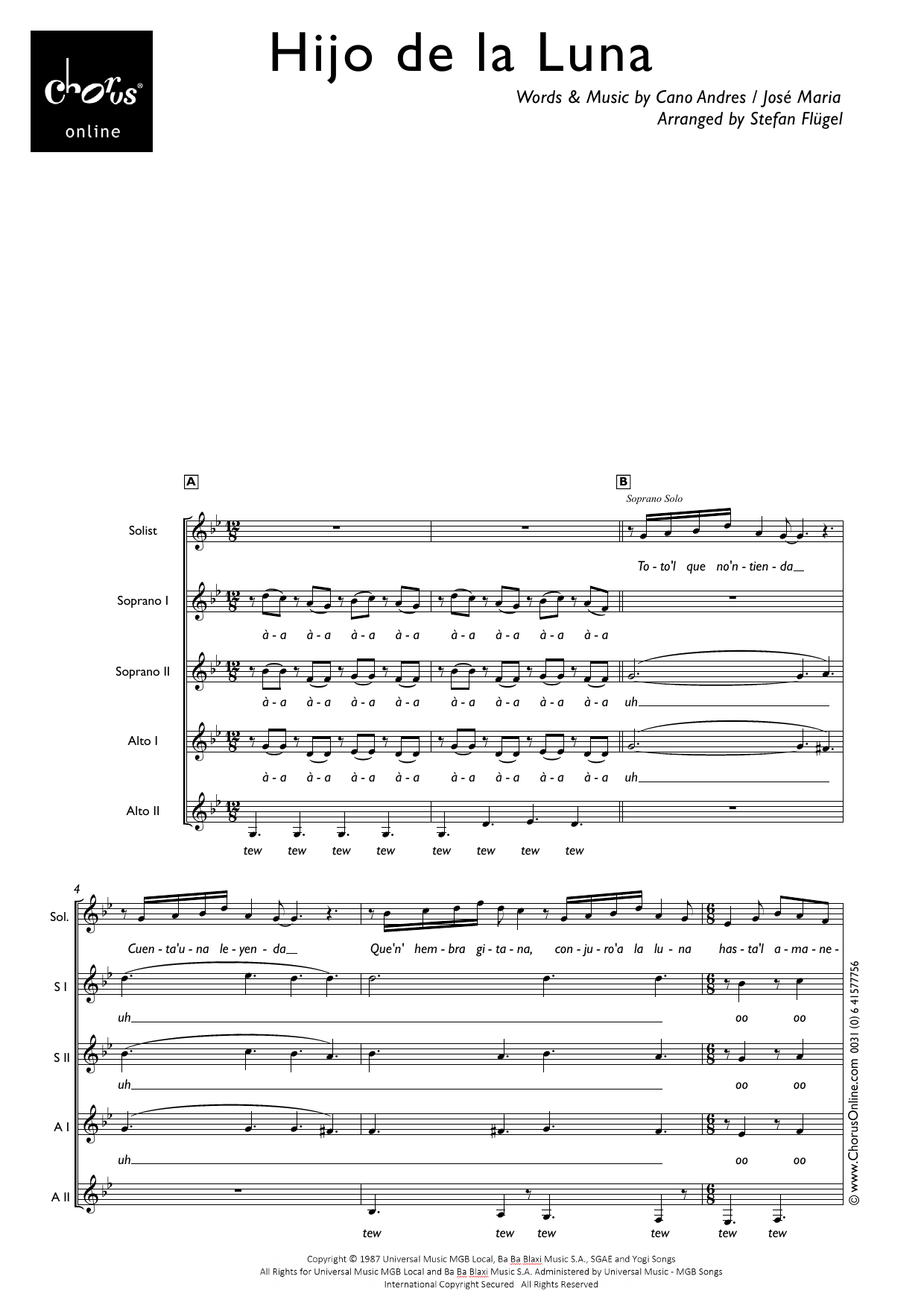 Mecano Hijo De La Luna (arr. Stefan Flügel) sheet music notes printable PDF score